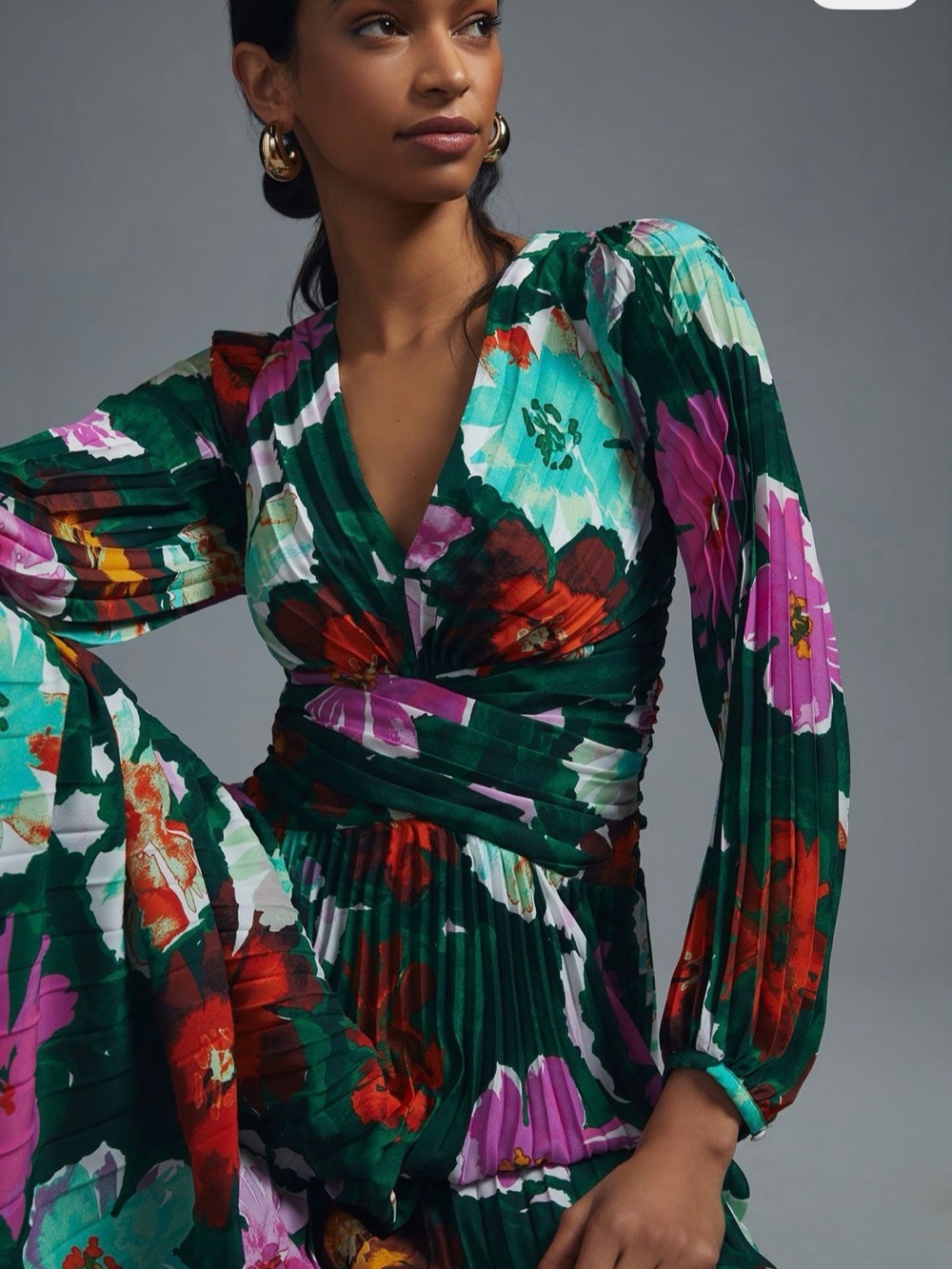 Anthropologie Dark Green Floral Pleated Midi Dress - Picture 2 of 4